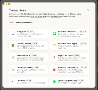 Claude Desktop extensions selecting Control Chrome